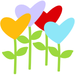 Icon of four colorful flowers with heart-shaped petals in yellow, lavender, red, and light blue